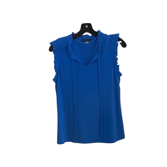 Tommy Hilfiger Blue Ruffled sleeveless tie front collar Top - Picture 4 of 9